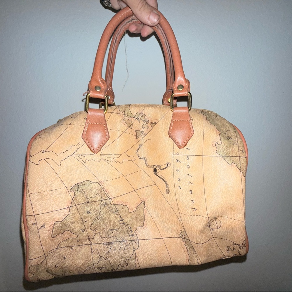 Vintage Map Print Handbag with Tan Handles